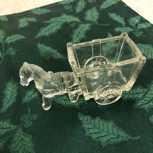 Vintage Clear Glass Horse With Cart Planter or Candy Dish 5” Long
